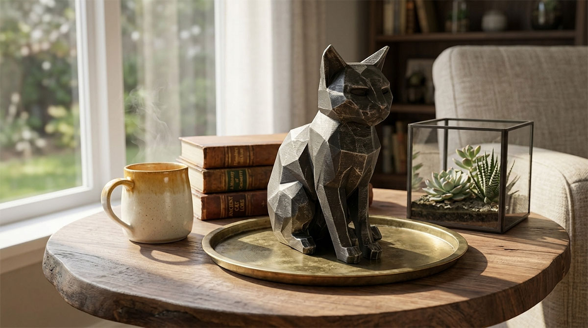 リビングに飾るおしゃれな猫オブジェのインテリア設置例|3Dプリント×手塗りアート雑貨