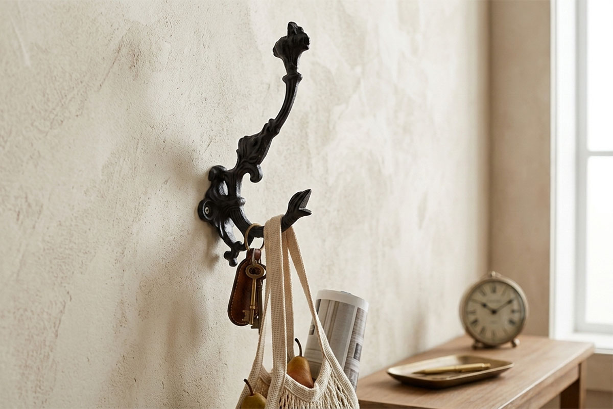 ロートアイアン製壁付けフック｜重厚感あるブラックのアンティーク調アイアンフック