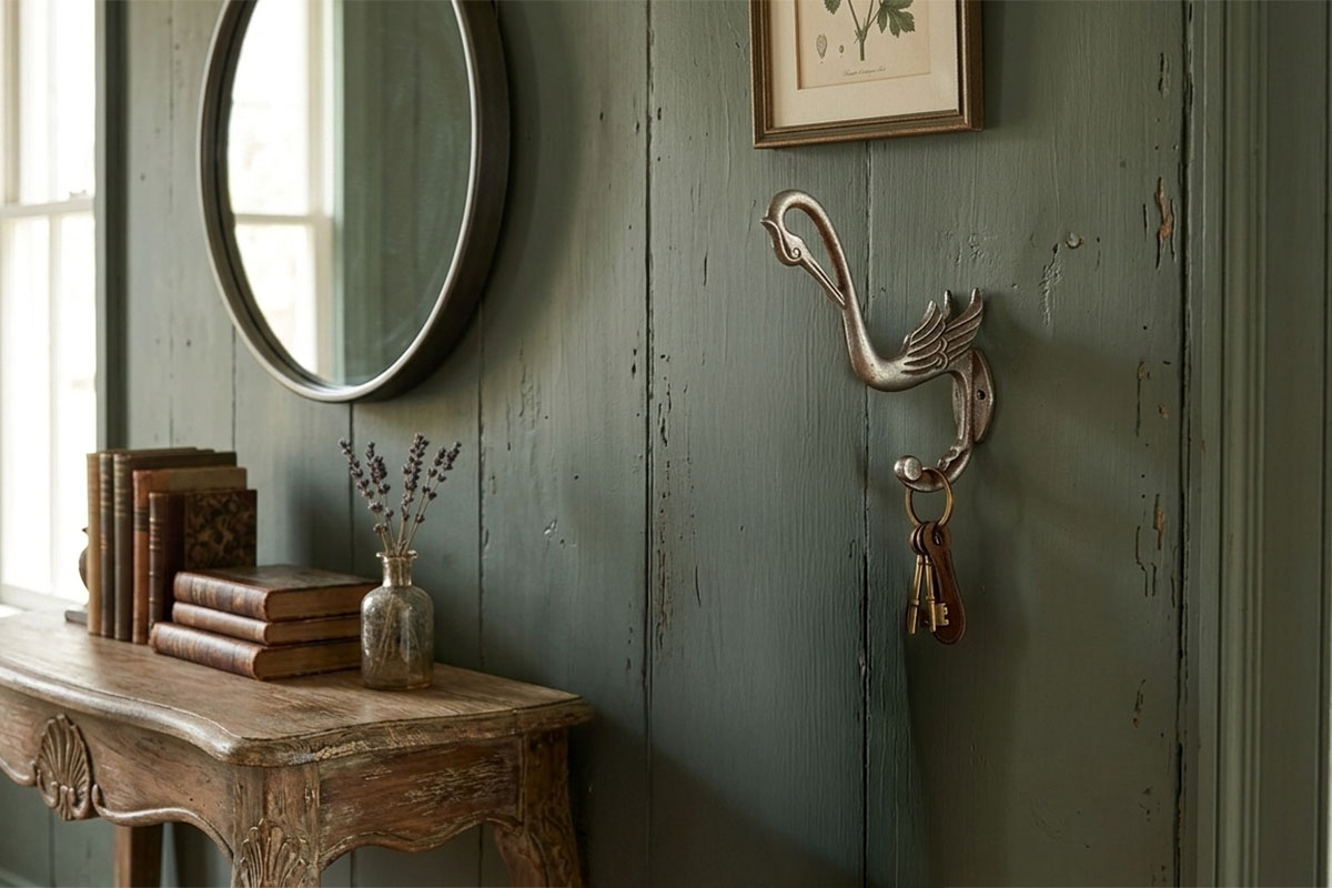 ロートアイアン製ツルデザイン壁付けフック｜アンティークスチール仕上げのアイアン装飾金具