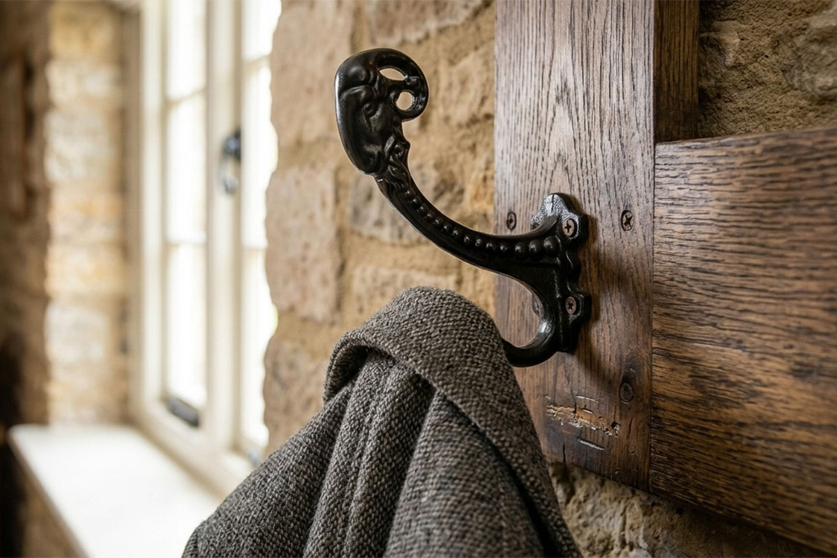 ロートアイアン壁付けコートフック｜ブラック仕上げのアンティーク調装飾金具