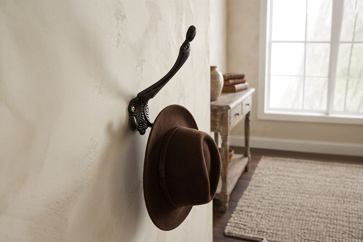ロートアイアン壁付けハット・コートフック｜ブラック仕上げのアンティーク調装飾金具