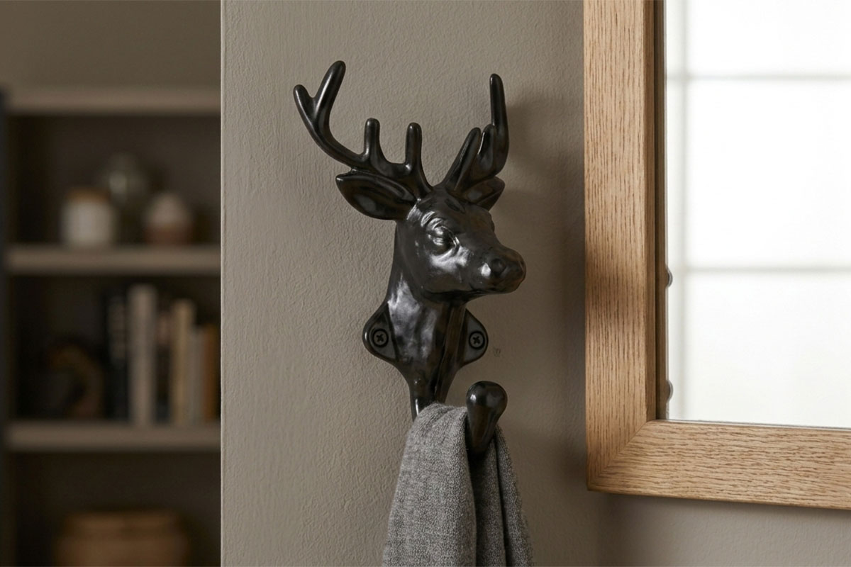 鹿モチーフのロートアイアン製壁掛けフック｜ブラックの装飾アイアン金具