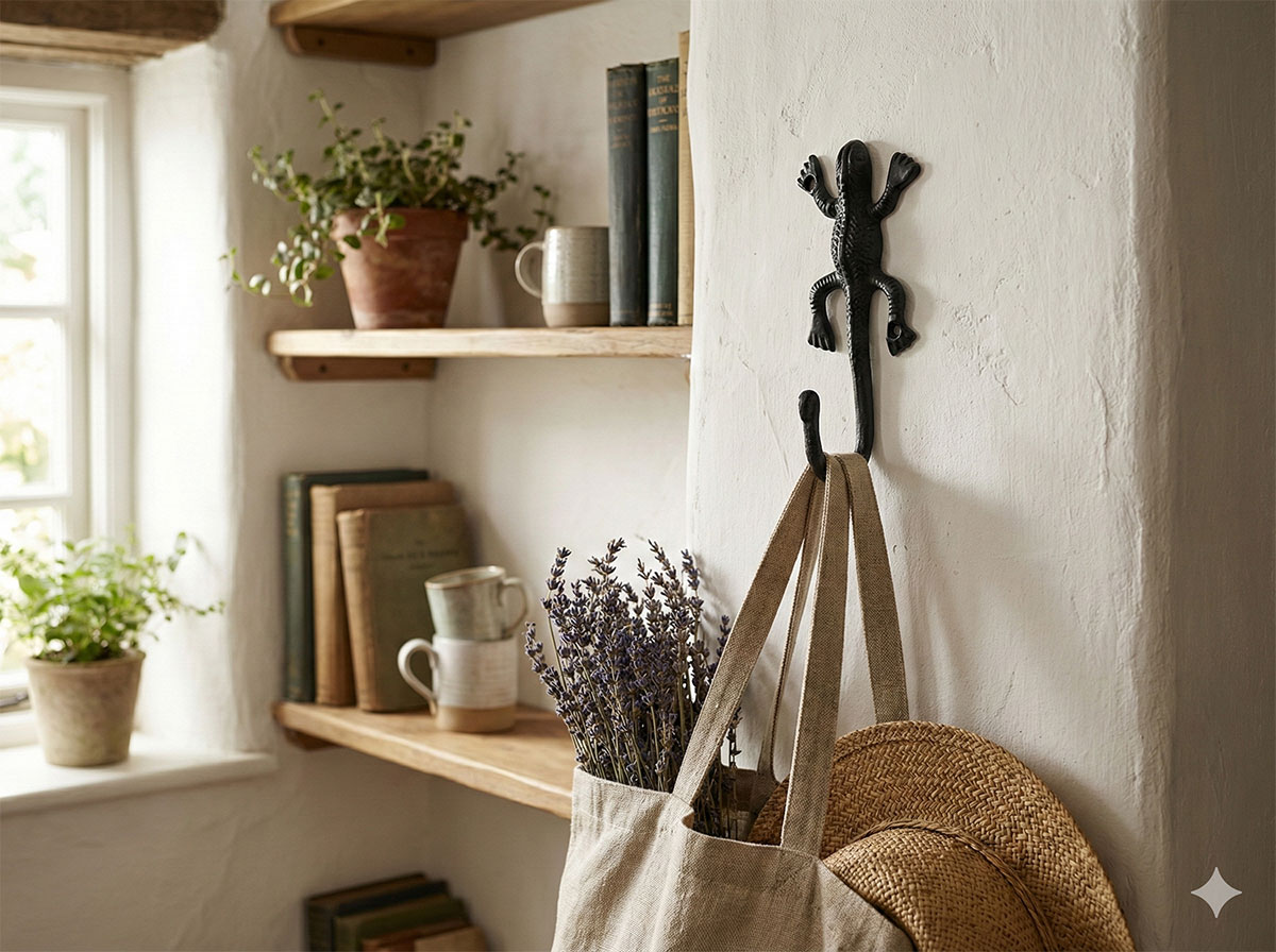 ロートアイアン製トカゲデザイン壁付けフックの設置例｜アンティーク調ブラックアイアン金具