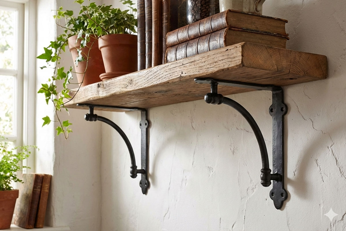 ロートアイアン製棚受けブラケットの設置例｜おしゃれなブラックアイアン棚受け金具