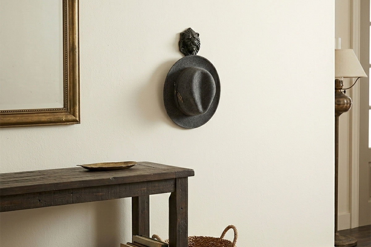 ライオンモチーフのロートアイアン製壁掛けフック｜ブラックの装飾アイアン金具