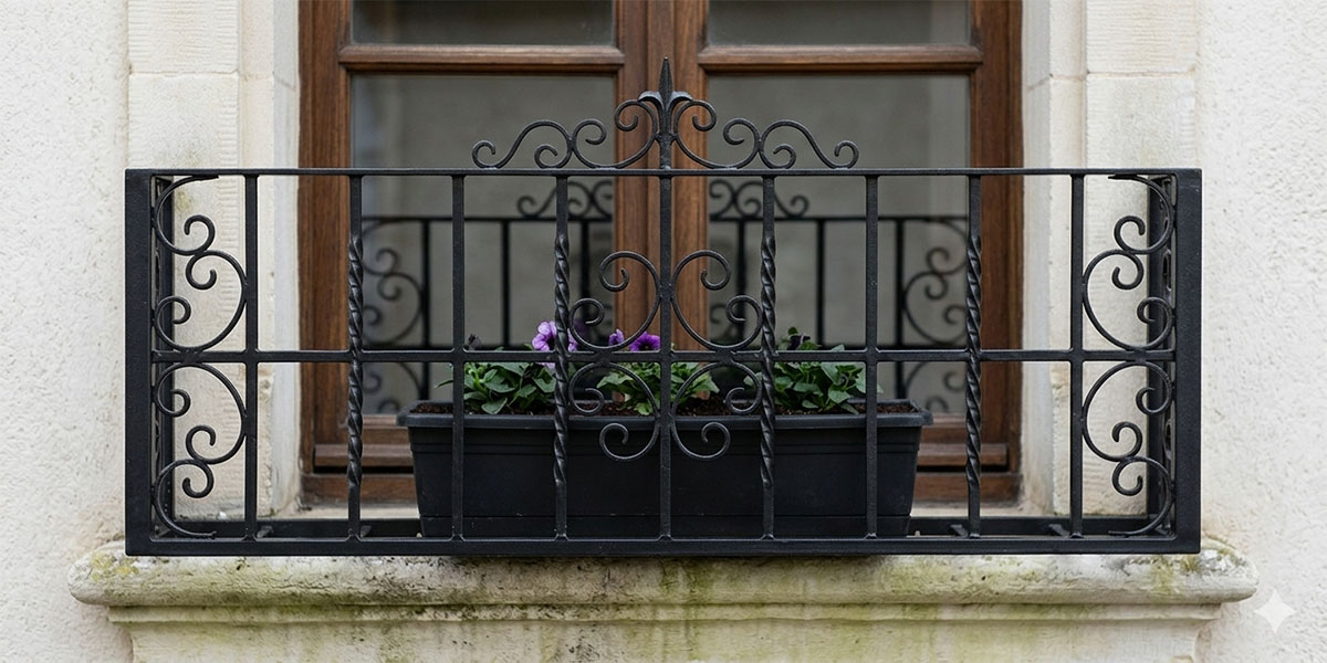 窓まわりを華やかに演出するロートアイアン窓花台の設置例