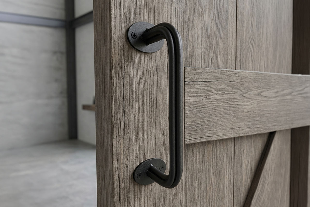 ロートアイアン製門扉・ドア用縦型取っ手（艶消しブラック）の設置例