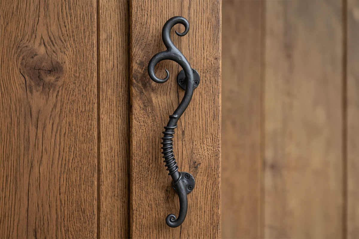 ロートアイアン製縦型ハンドル「ソフィア」｜優雅なアラベスク曲線と艶消しブラック仕上げの門扉用取っ手