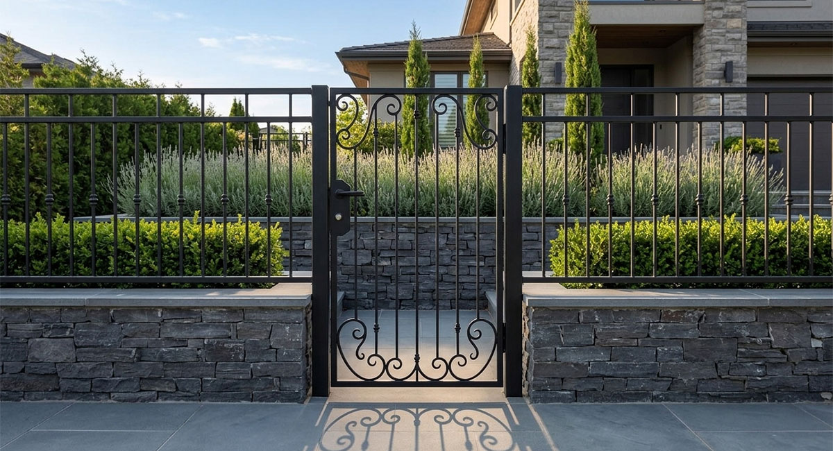 ロートアイアン製片開き門扉の設置例｜クラシックデザインのエクステリアアイアンゲート