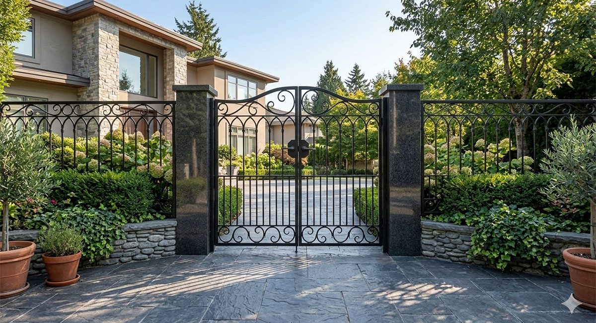 ロートアイアン両開き門扉の設置例｜クラシック調曲線デザインの外構アイアンゲート