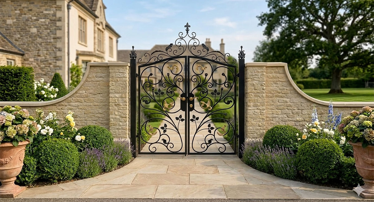 ロートアイアン両開き門扉の設置例｜バラ装飾と曲線デザインが美しいアイアンゲート