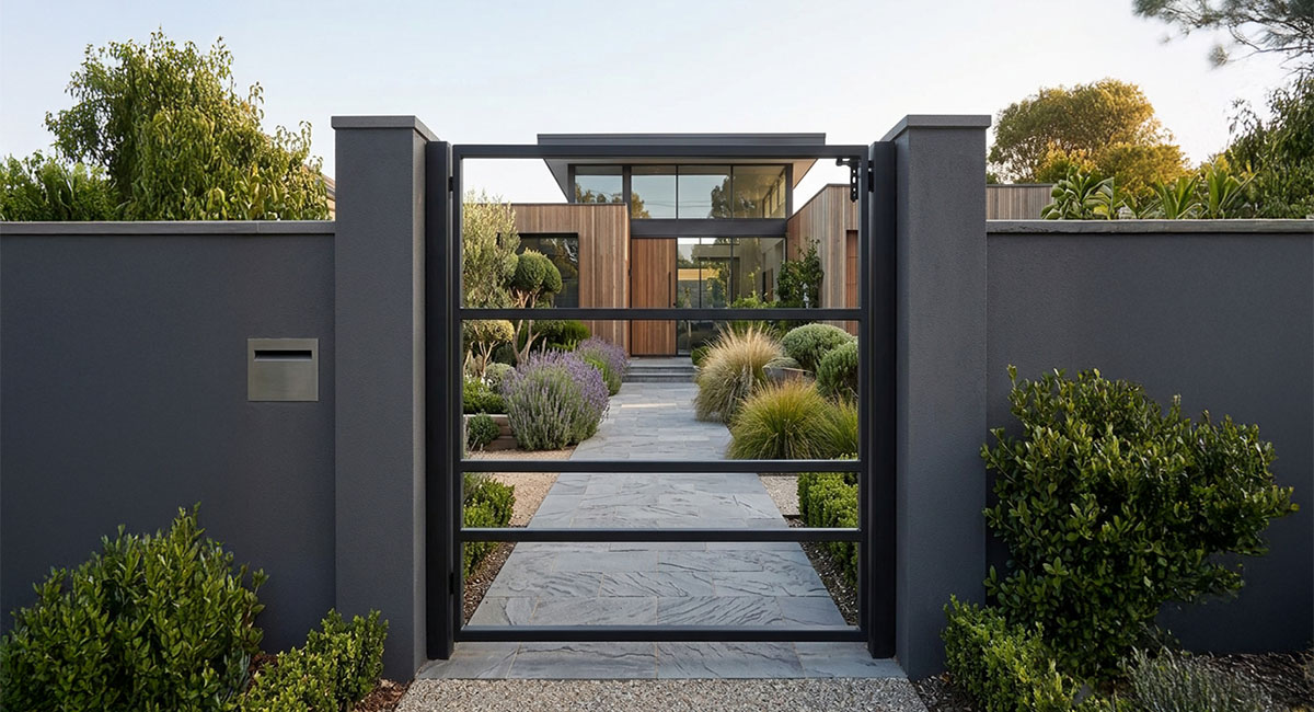 ロートアイアン製片開き門扉の設置例｜高品質なシンプルモダン外構ゲート