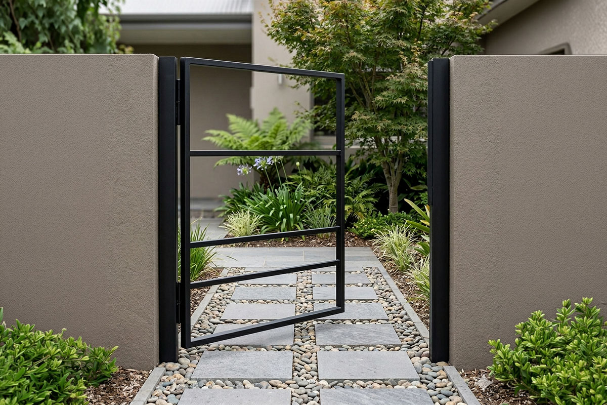 ロートアイアン製片開き門扉の設置例｜高品質なシンプルモダン外構ゲート