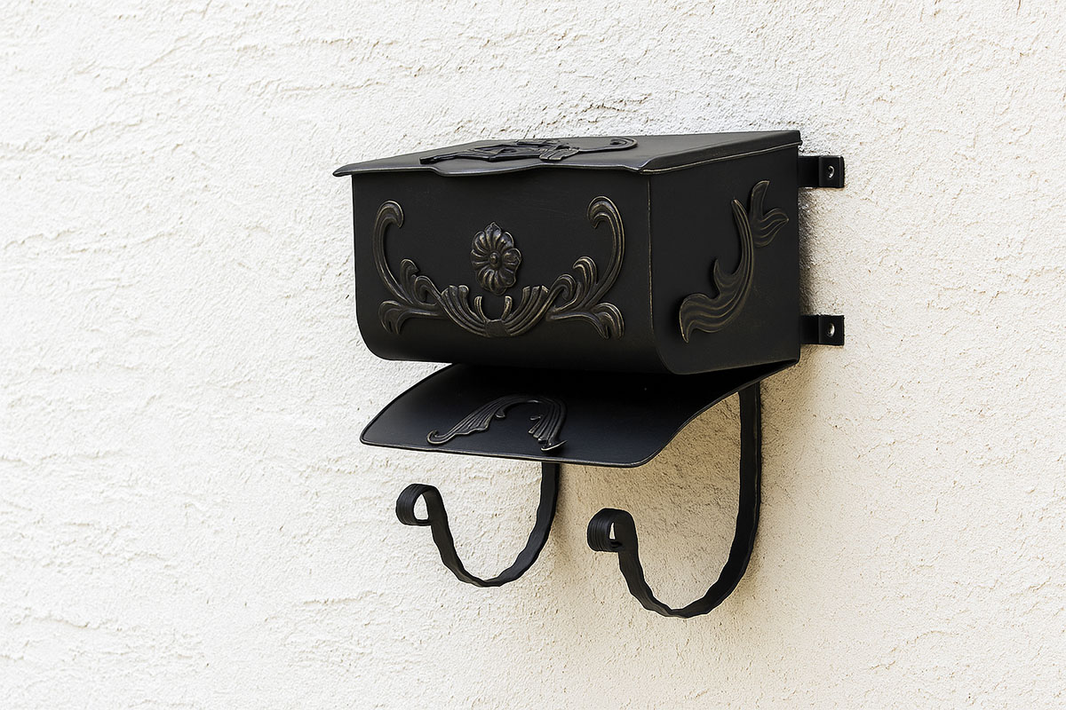 アンティークなシンプル型新聞受けのロートアイアン製郵便ポストの設置例イメージ