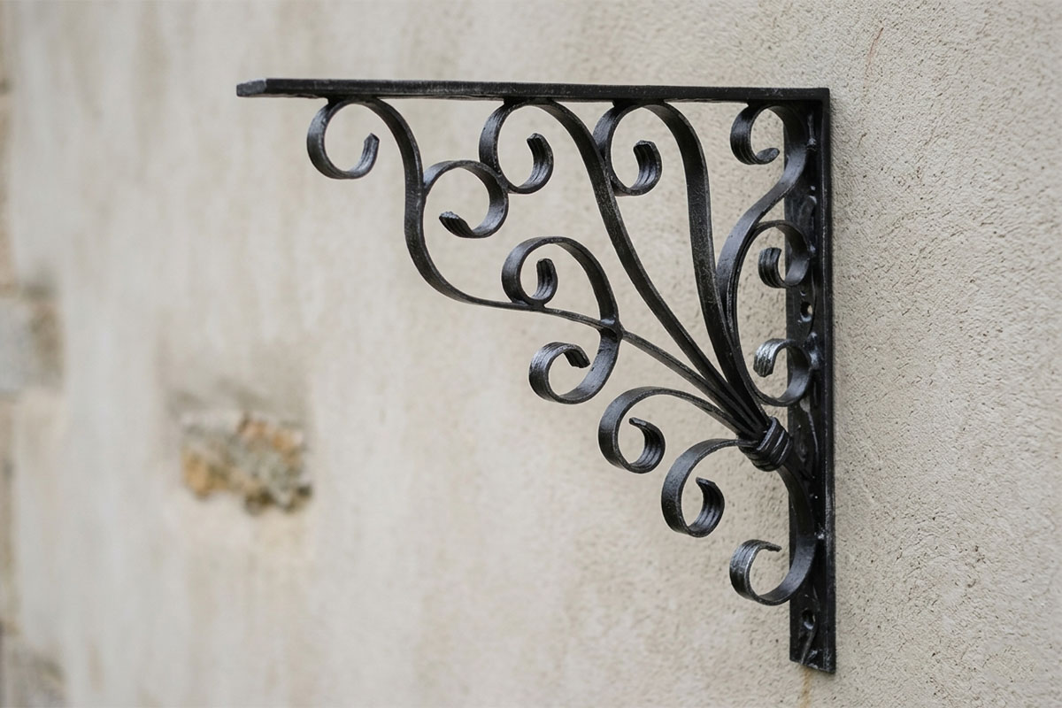 壁に設置されたアンティークデザインのアイアン製物干し竿ブラケット｜おしゃれなランドリーハンガー金具