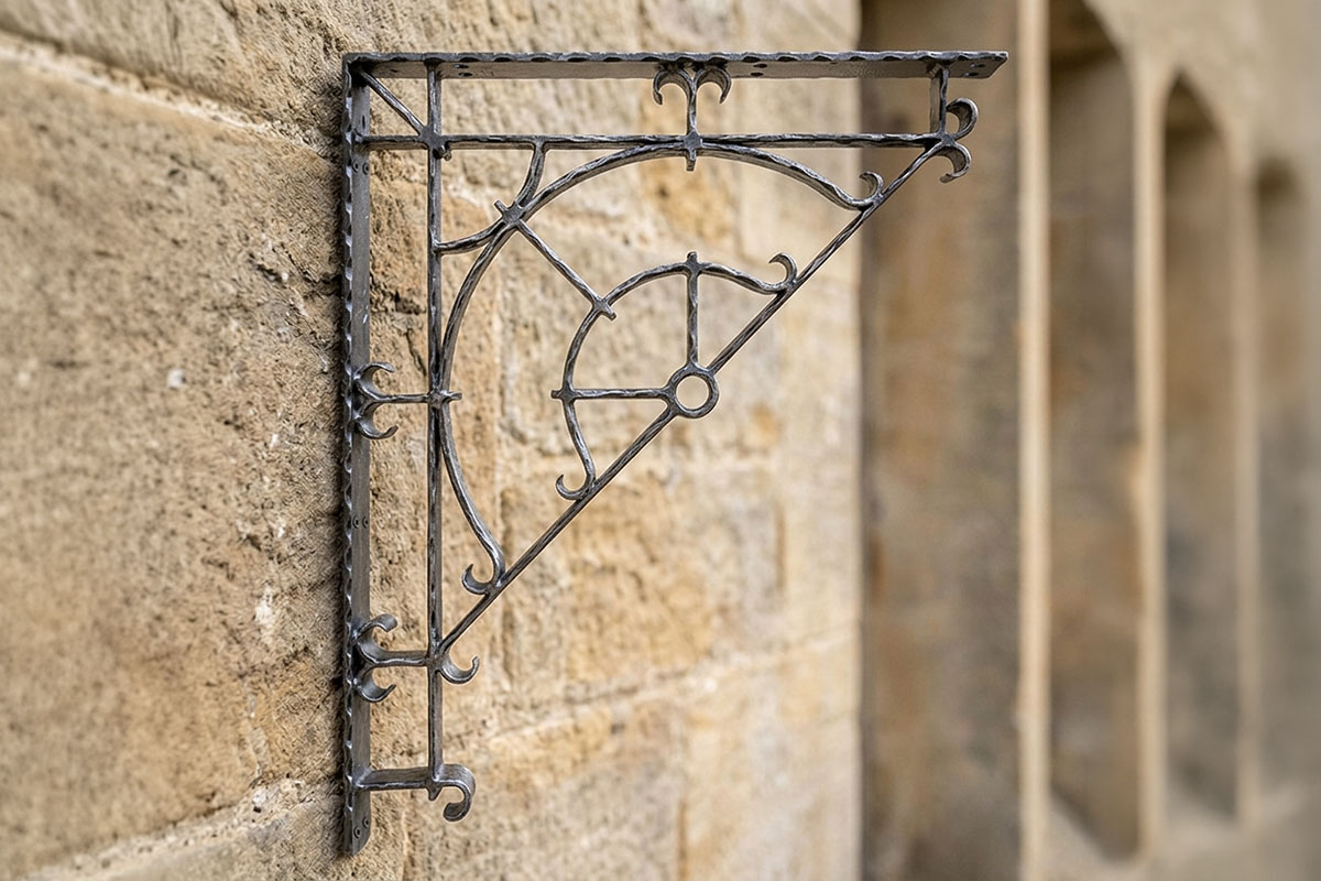 壁に設置されたアンティークデザインのアイアン製物干し竿ブラケット｜おしゃれなランドリーハンガー金具