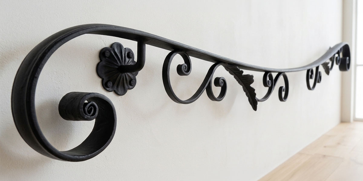 高級感あふれる曲線タイプのロートアイアン製壁付け手すりの設置例｜アンティークデザイン