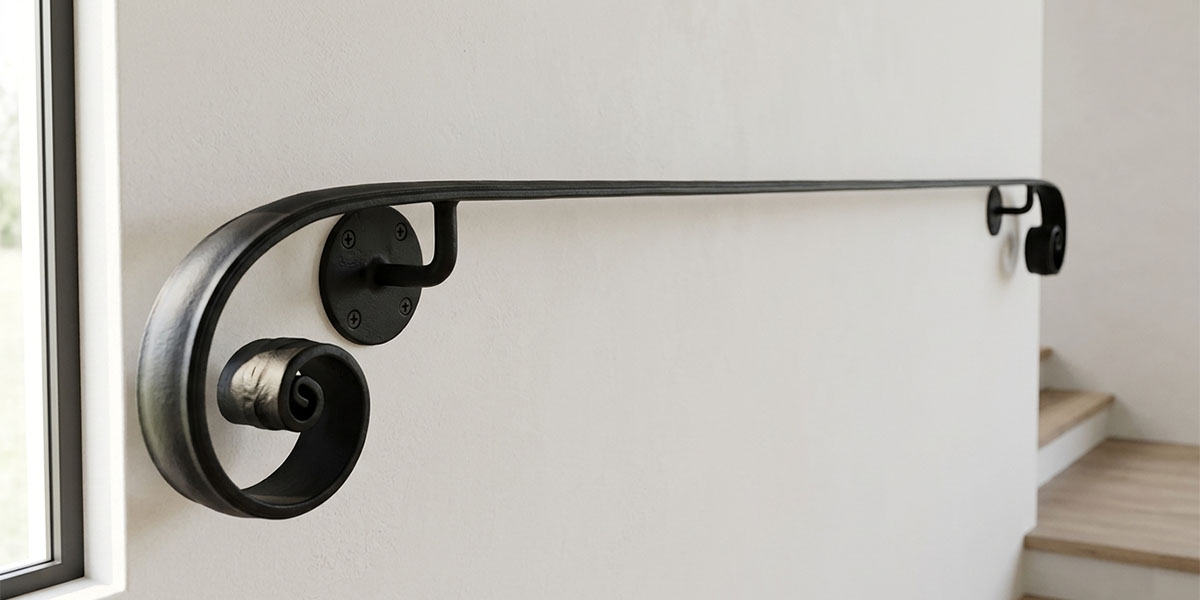 高級感あふれる直線タイプのロートアイアン製壁付け手すりの設置例｜アンティークデザイン