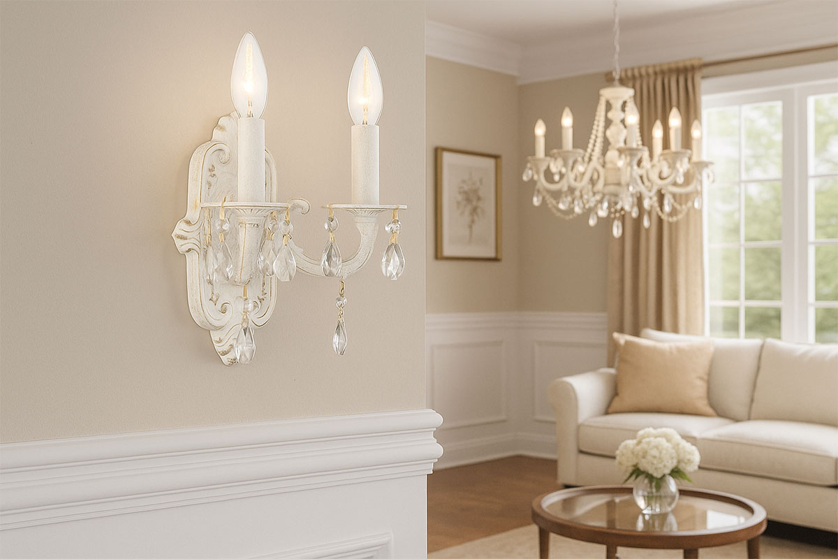 アンティークホワイト仕上げのクリスタル付きソケット型ブラケット照明の設置例