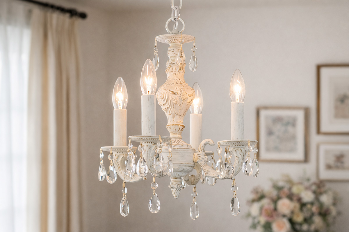 クラシックな雰囲気のアンティーク調シャンデリアが天井から吊るされた室内インテリア