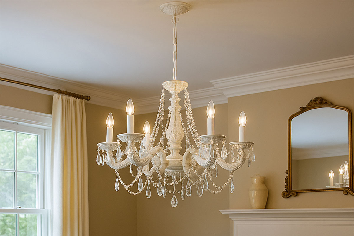 クラシックな雰囲気のアンティーク調シャンデリアが天井から吊るされた室内インテリア