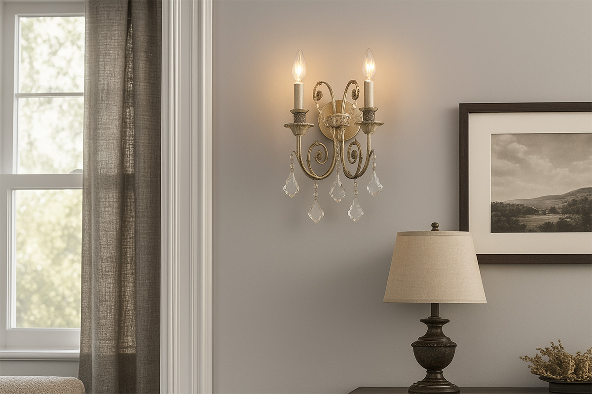 壁に設置されたCRYSTORAMAレジス2灯ブラケットライト｜アンティーク調の光が室内を上品に照らす