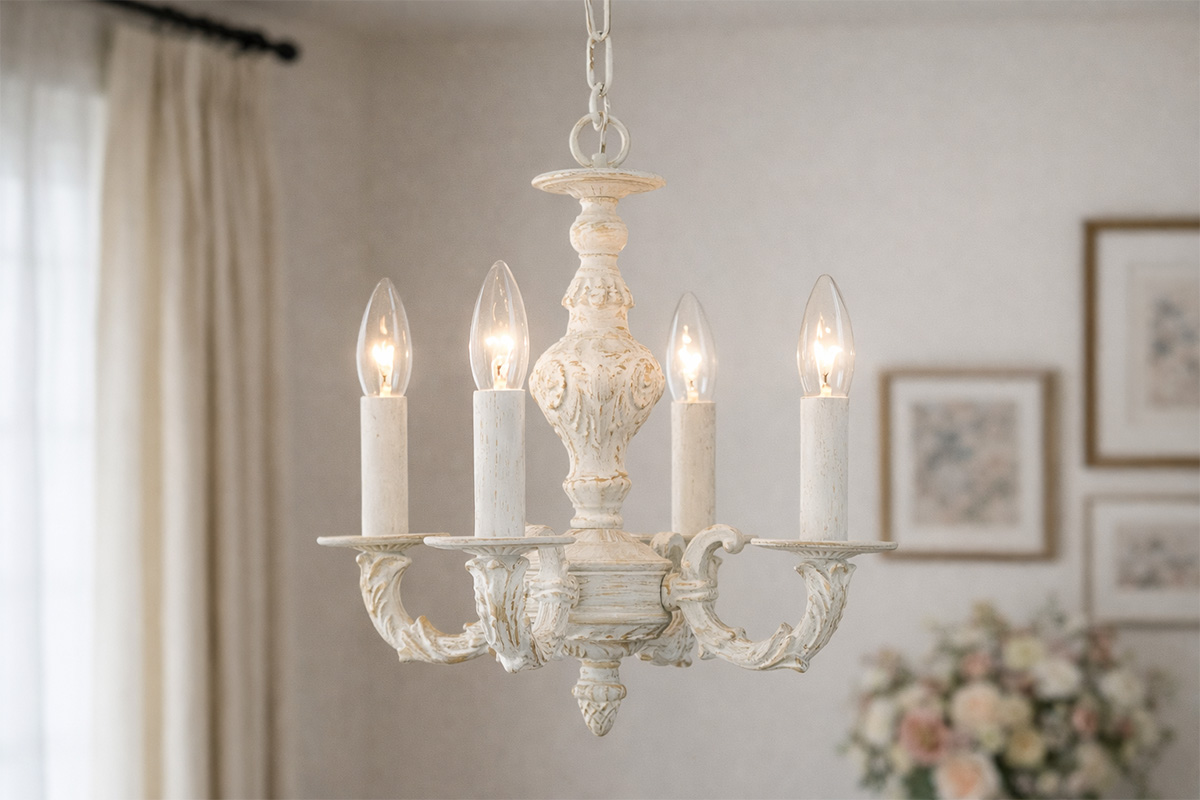 クラシックな雰囲気のアンティーク調シャンデリアが天井から吊るされた室内インテリア