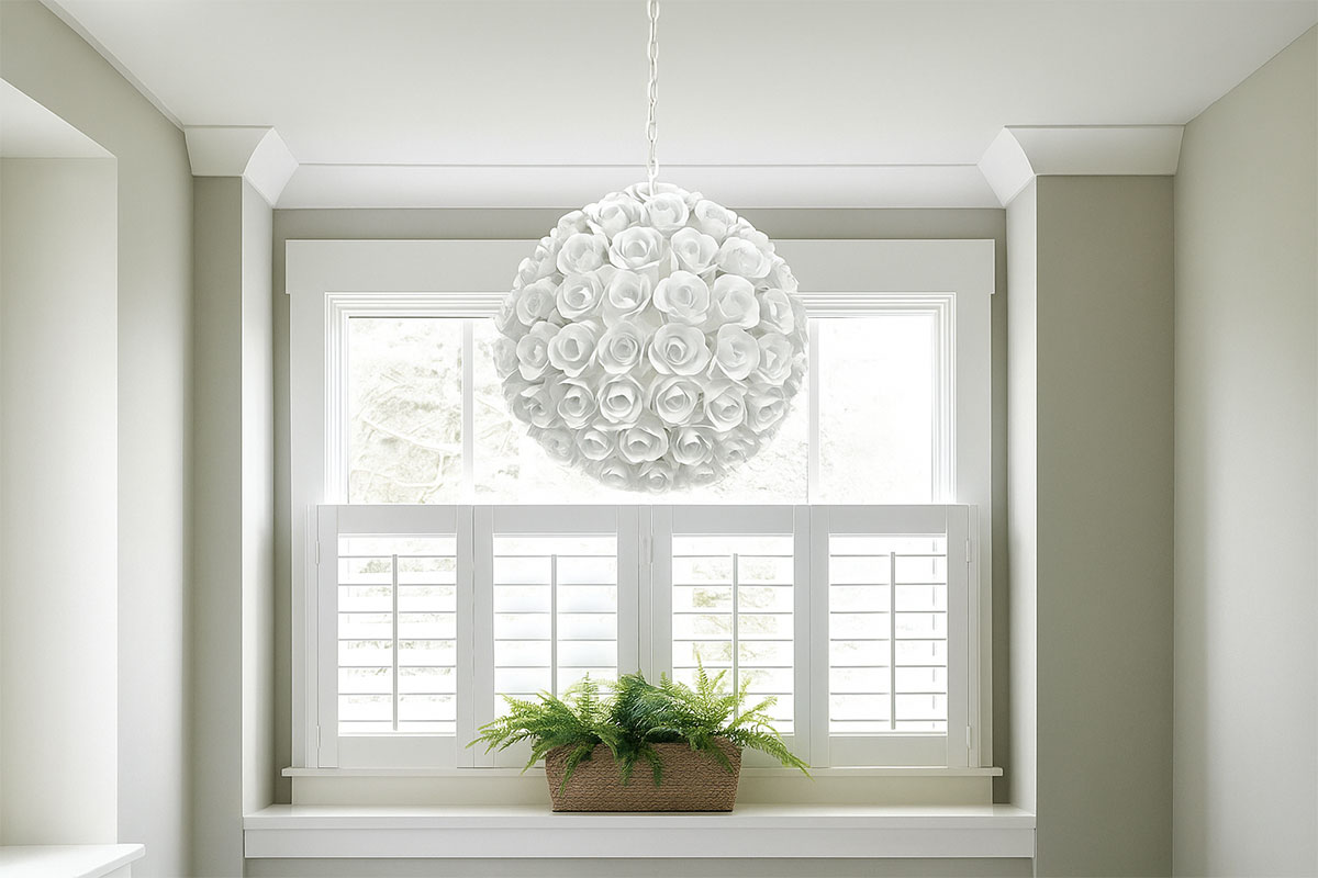 白いバラの装飾デザインが可愛らしいアンティークホワイト仕上げのペンダントライト