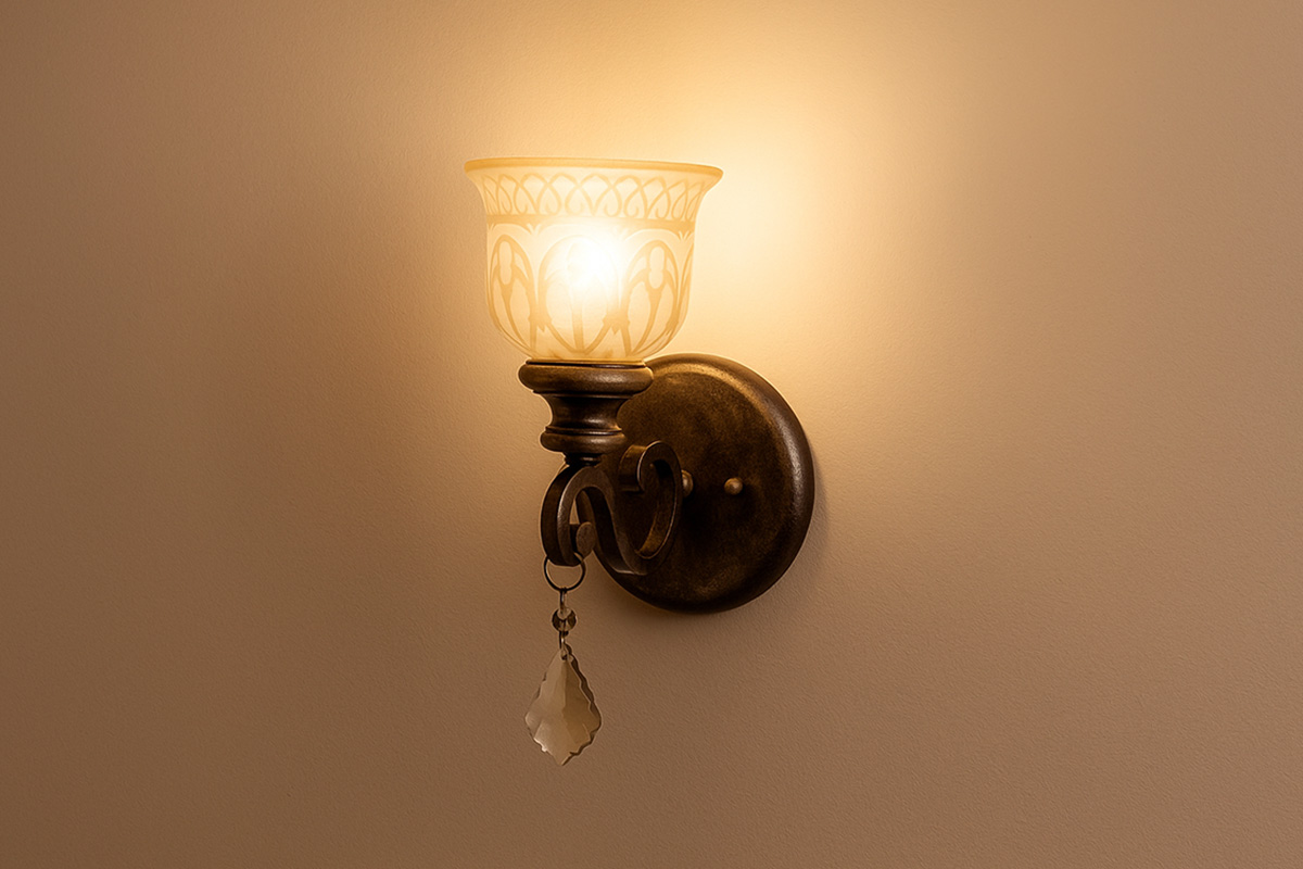 ブロンズアンバー仕上げのCRYSTORAMA製ブラケットライトを室内壁面に設置した例｜フロストガラスシェードが柔らかく光るエレガントなウォールライト