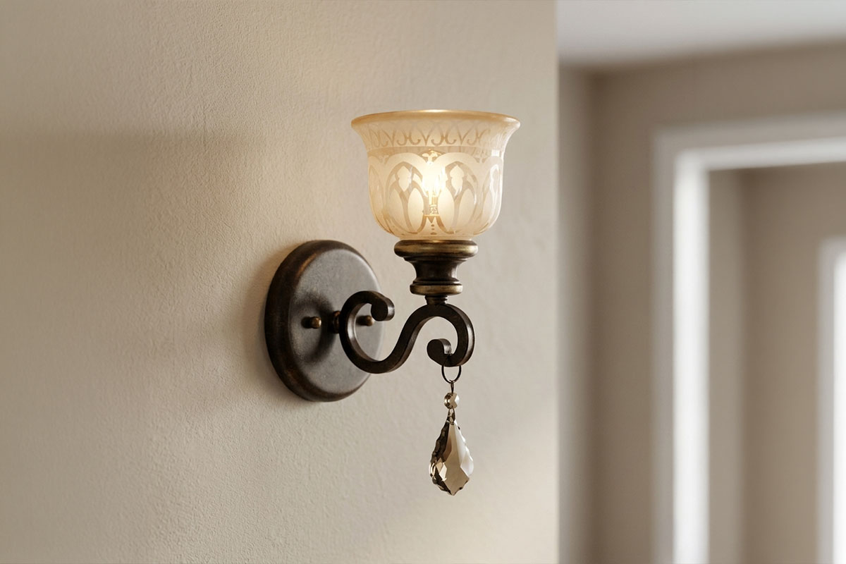 ブロンズアンバー仕上げのCRYSTORAMA製ブラケットライトを室内壁面に設置した例｜フロストガラスシェードが柔らかく光るエレガントなウォールライト