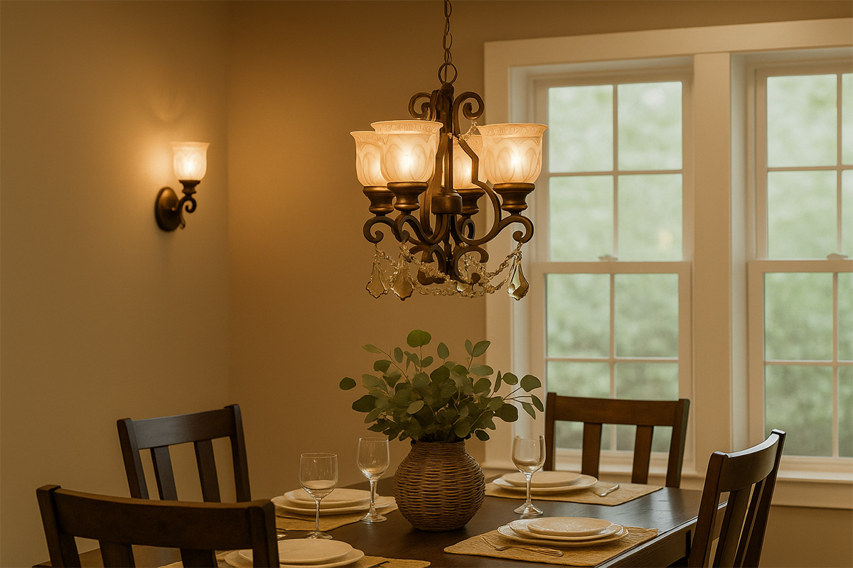 ブロンズアンバー仕上げのCRYSTORAMA製シャンデリアを室内天井に設置した例｜フロストガラスシェードが柔らかく光るエレガントな吊下げ照明