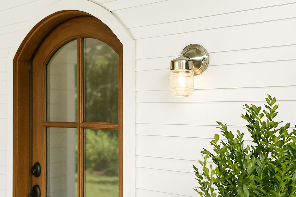 防滴型ジェリージャーの透明ガラスシェードで光を美しく演出する1灯ブラケットライトの設置例