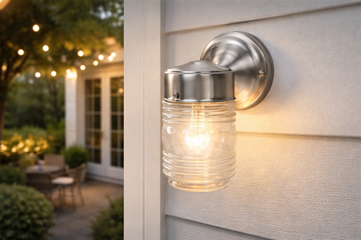 防滴型ジェリージャーの透明ガラスシェードで光を美しく演出する1灯ブラケットライトの設置例