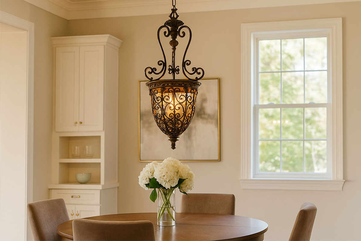 アンティーク調の装飾デザインが魅力的な吊下げ照明の設置例イメージ