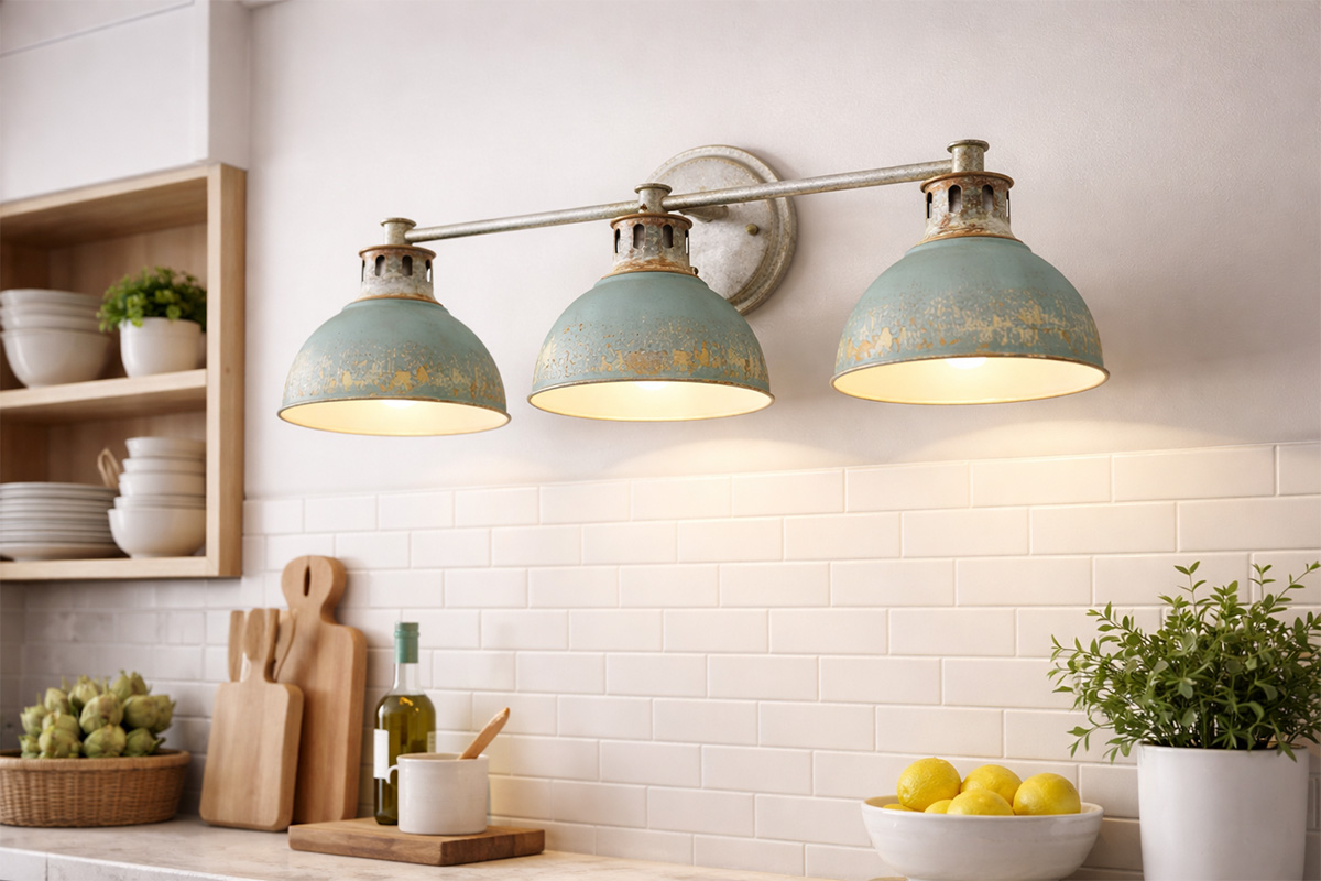 青色シェードの洗面用ブラケットライト