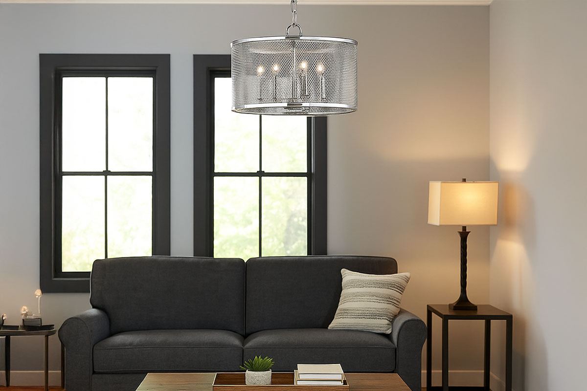 ロンドン5灯ペンダントライト（クローム）の設置例｜メッシュフレームとキャンドル型デザインが映える上品なリビング照明｜モダン空間を華やかに演出