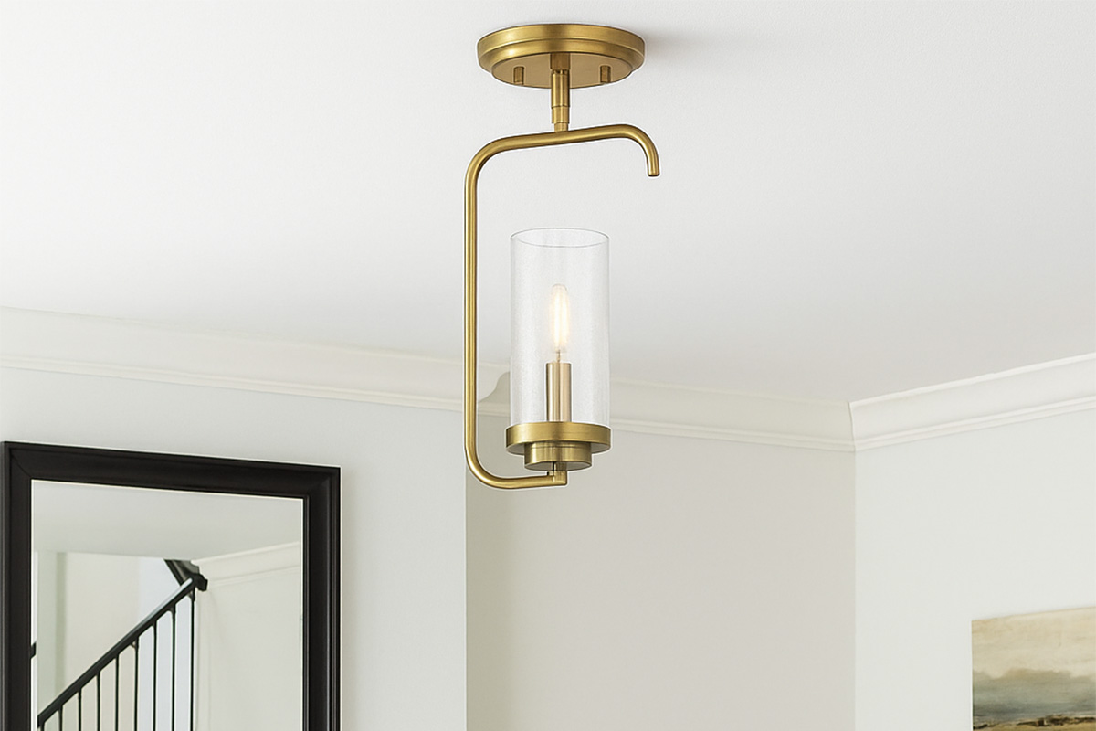 細身フレームとガラスシェードが印象的な室内用天井ライトの設置例