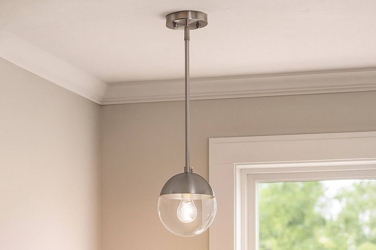 玄関や廊下をスタイリッシュに照らすガラスシェードの小型吊り下げ照明の設置例