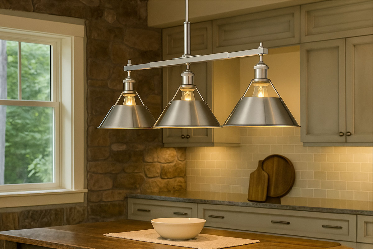 オーウェル3灯ペンダントライト（クローメ）の設置例｜ガラスシェードが美しく輝くおしゃれなダイニング照明｜モダン空間を演出