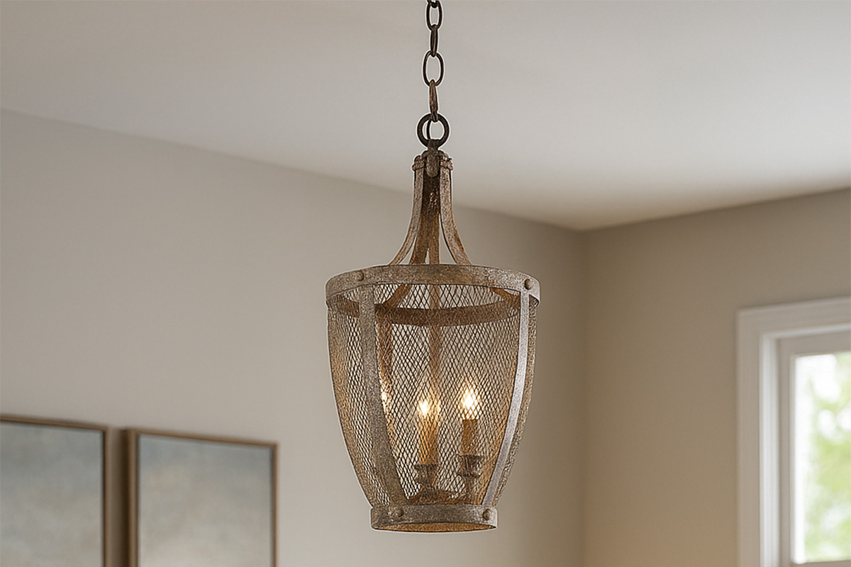 メッシュフレームが美しいキャンドル型の吊下げ照明の設置例