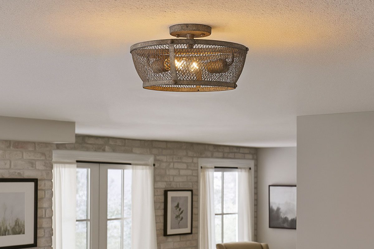 ラスティックでアンティークな雰囲気を演出するGOLDEN LIGHTING製カルガリー2灯シーリングライト設置例｜おしゃれなダイニング照明