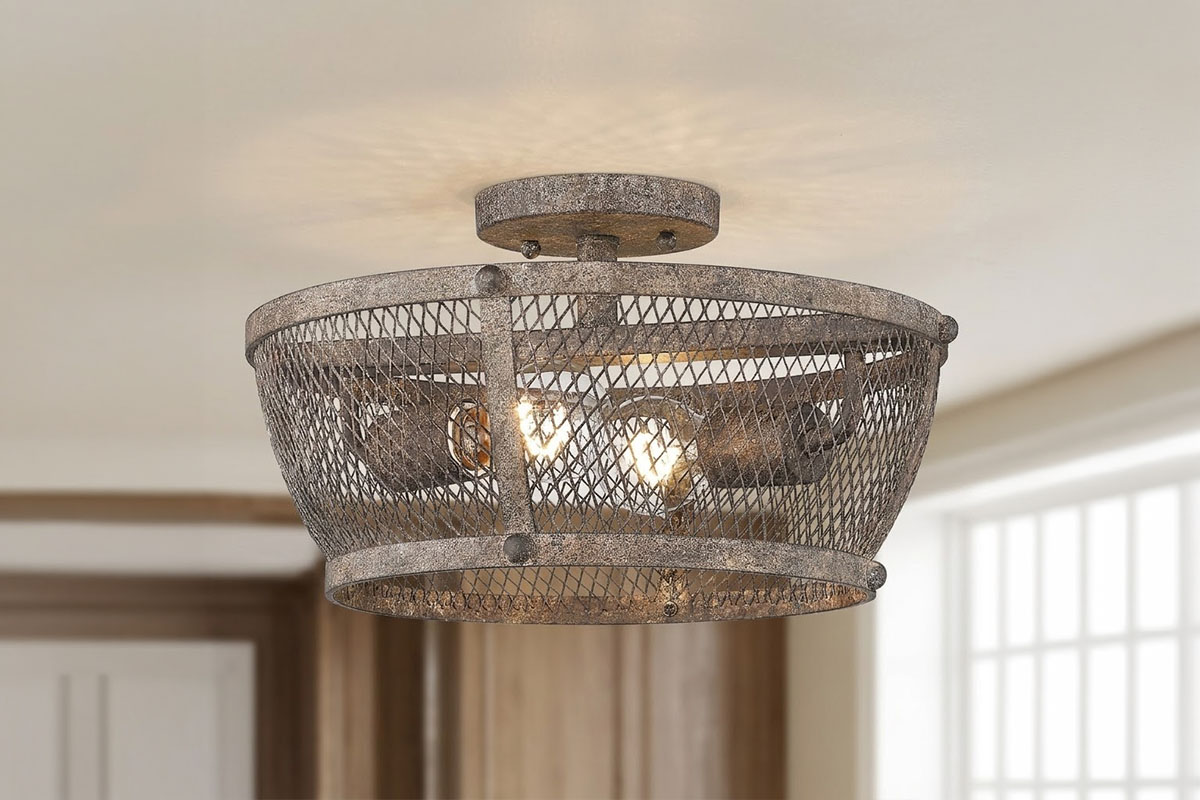 ラスティックでアンティークな雰囲気を演出するGOLDEN LIGHTING製カルガリー2灯シーリングライト設置例｜おしゃれなダイニング照明