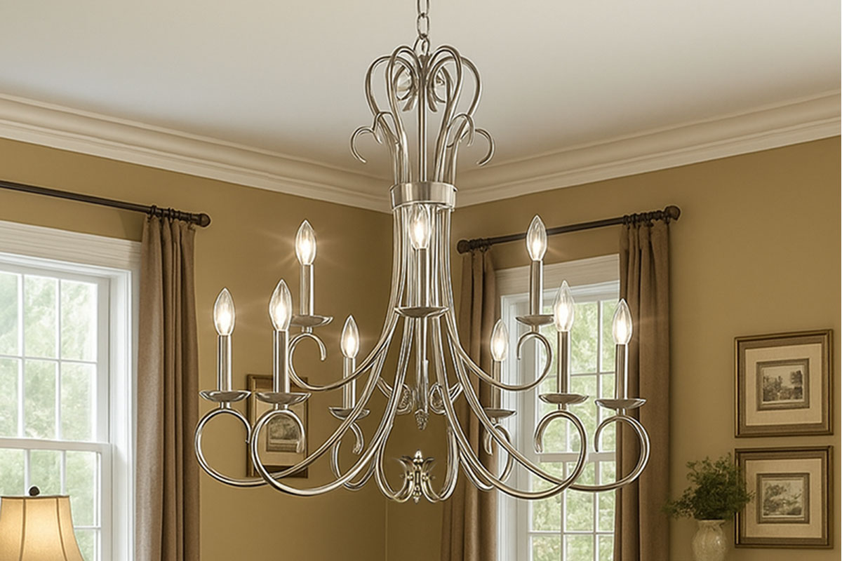 キャンドルのような光を灯す豪華シャンデリアの設置例