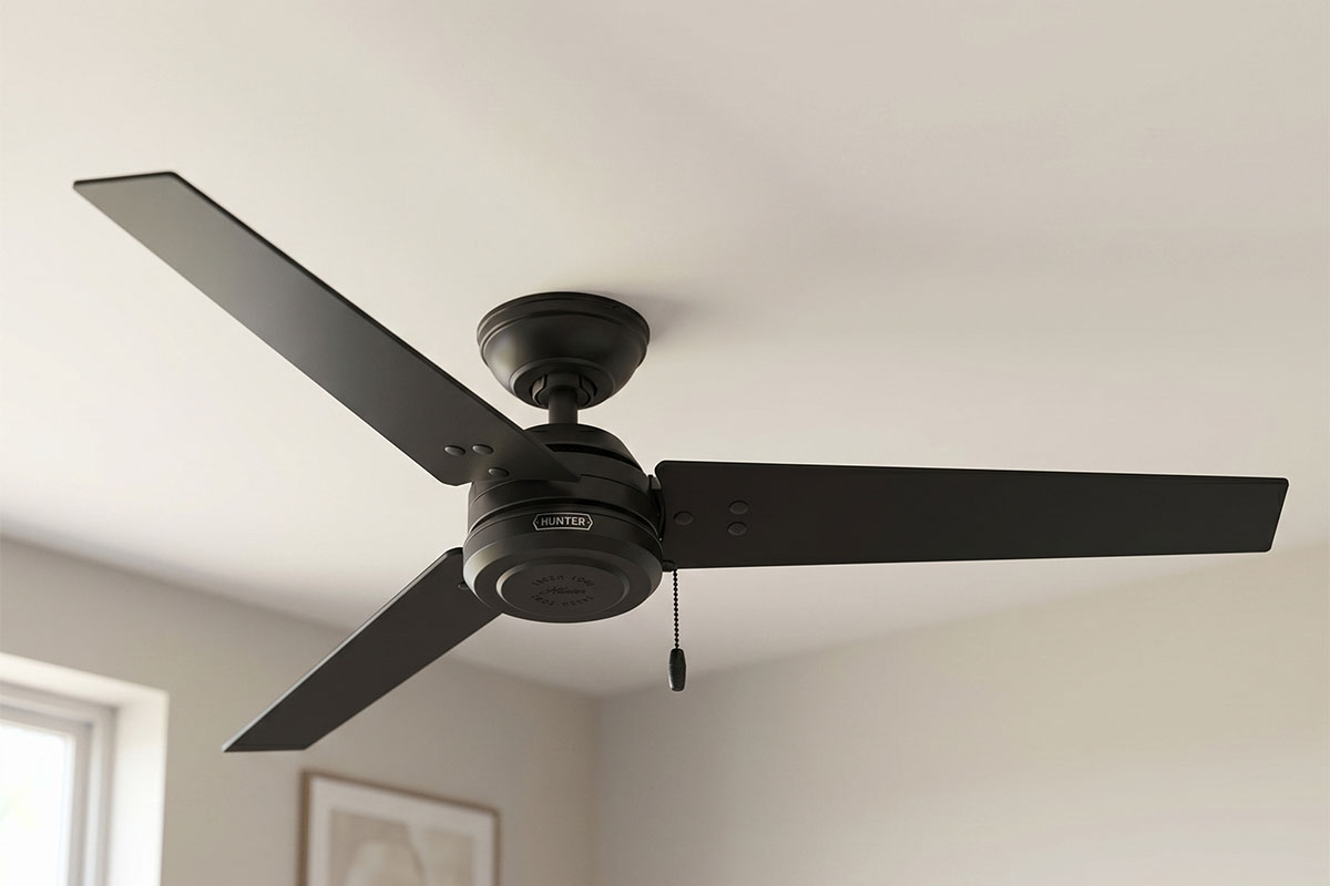 インテリアに調和する高機能なシンプルモダンデザインの空調専用ファン設置例|HUNTERの室内用シーリングファン