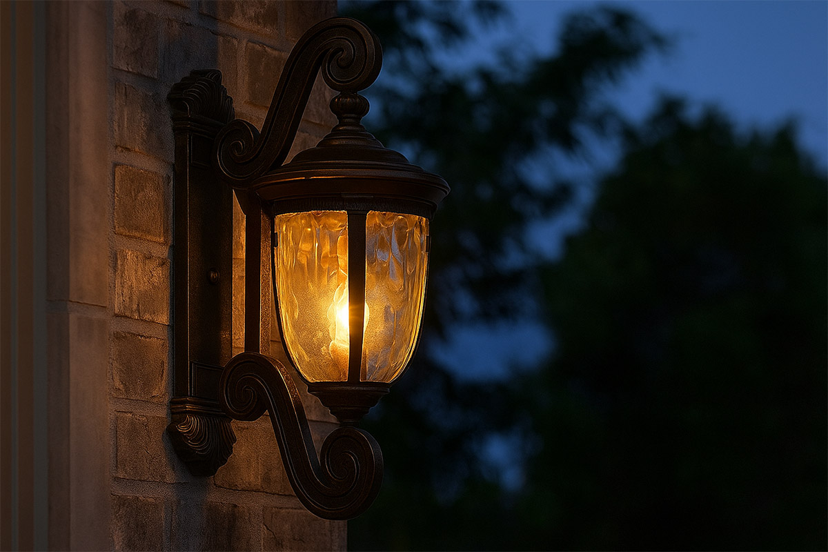 優雅なアンティークデザインの壁付けアウトドアライトの設置例