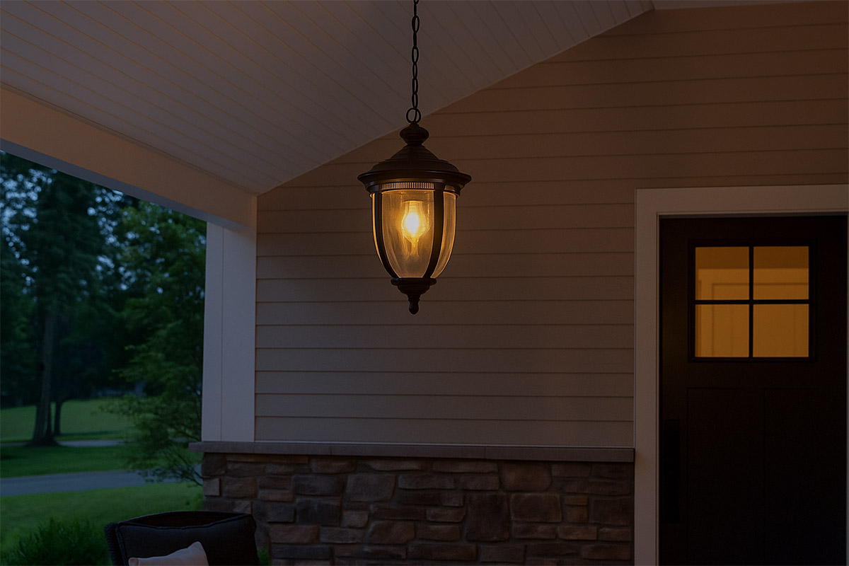アンティーク調の美しさと重厚さが感じられる屋外吊り下げ照明の設置例