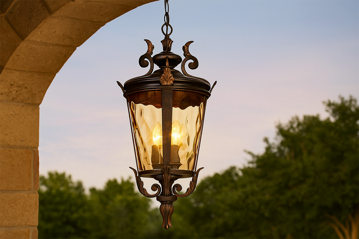 アンティーク調の美しさと重厚さが感じられる屋外吊り下げ照明の設置例