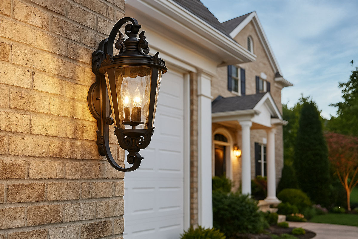 玄関外壁に取り付けたカーサマルセイユ4灯ブラケットライト（ブラック）｜クラシックなデザインが映える屋外照明