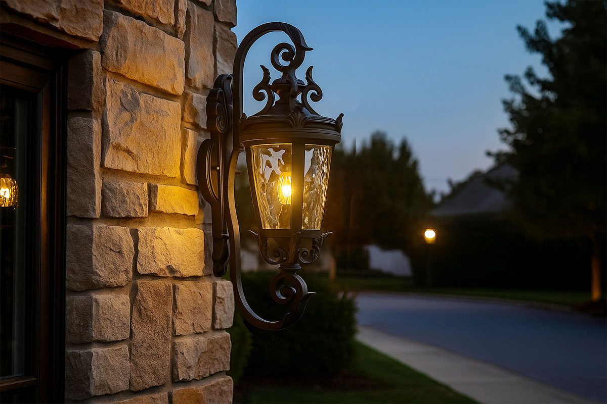 玄関外壁に取り付けたカーサマルセイユ1灯ブラケットライト（ブラック）｜クラシックなデザインが映える屋外照明