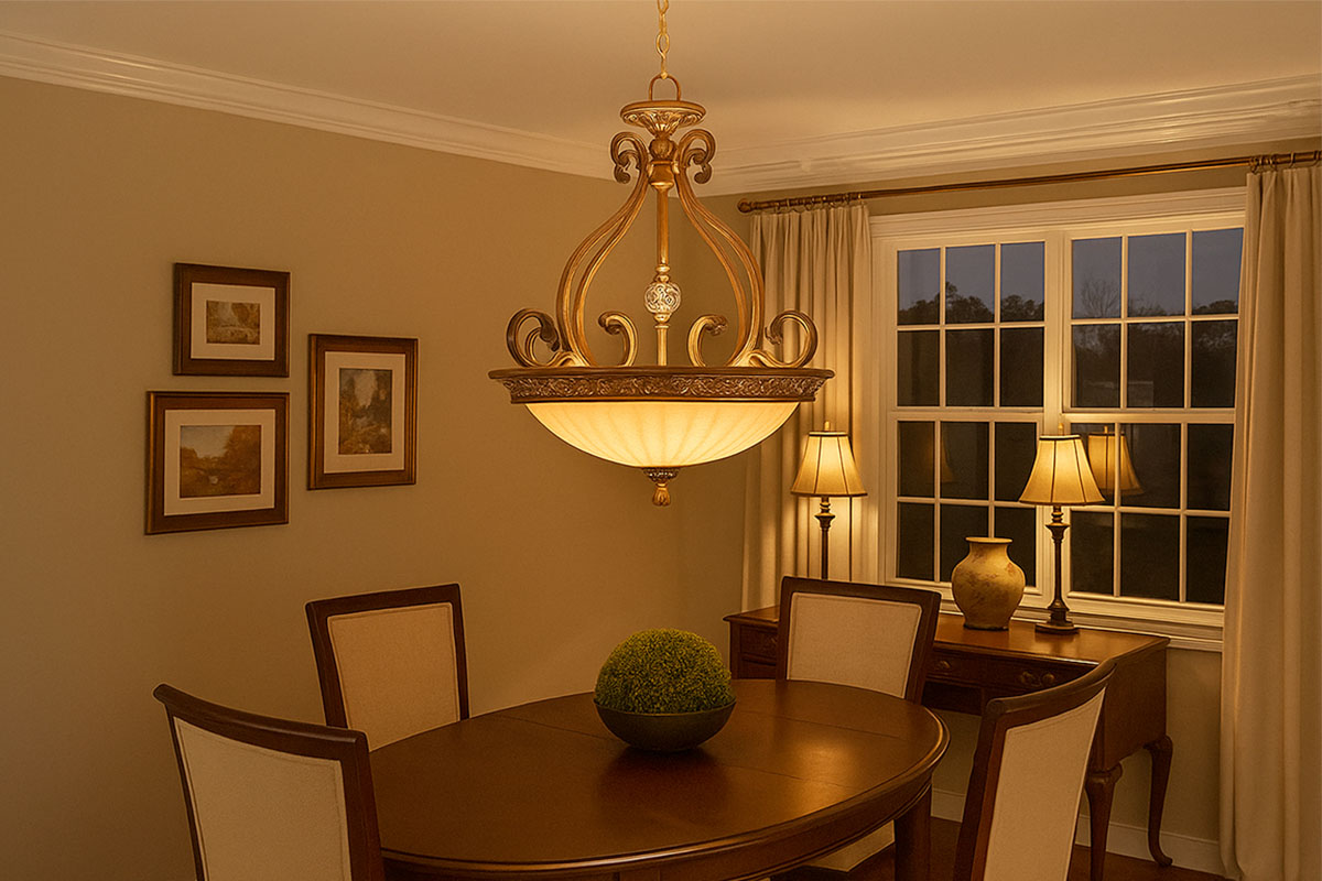 ゴールデンブロンズ仕上げとシャンパンガラスシェードがおしゃれなアンティーク調照明の設置例イメージ